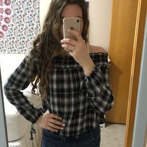Black and white plaid off the shoulder shirt